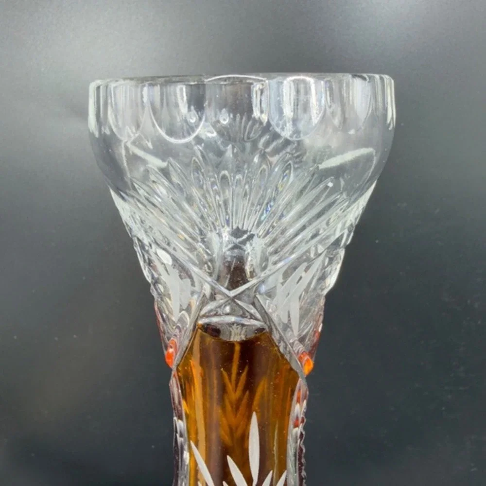Vintage Bohemian Glass Amber‎ Cut to Clear Crystal Bud Vase Floral Wheat Pattern
